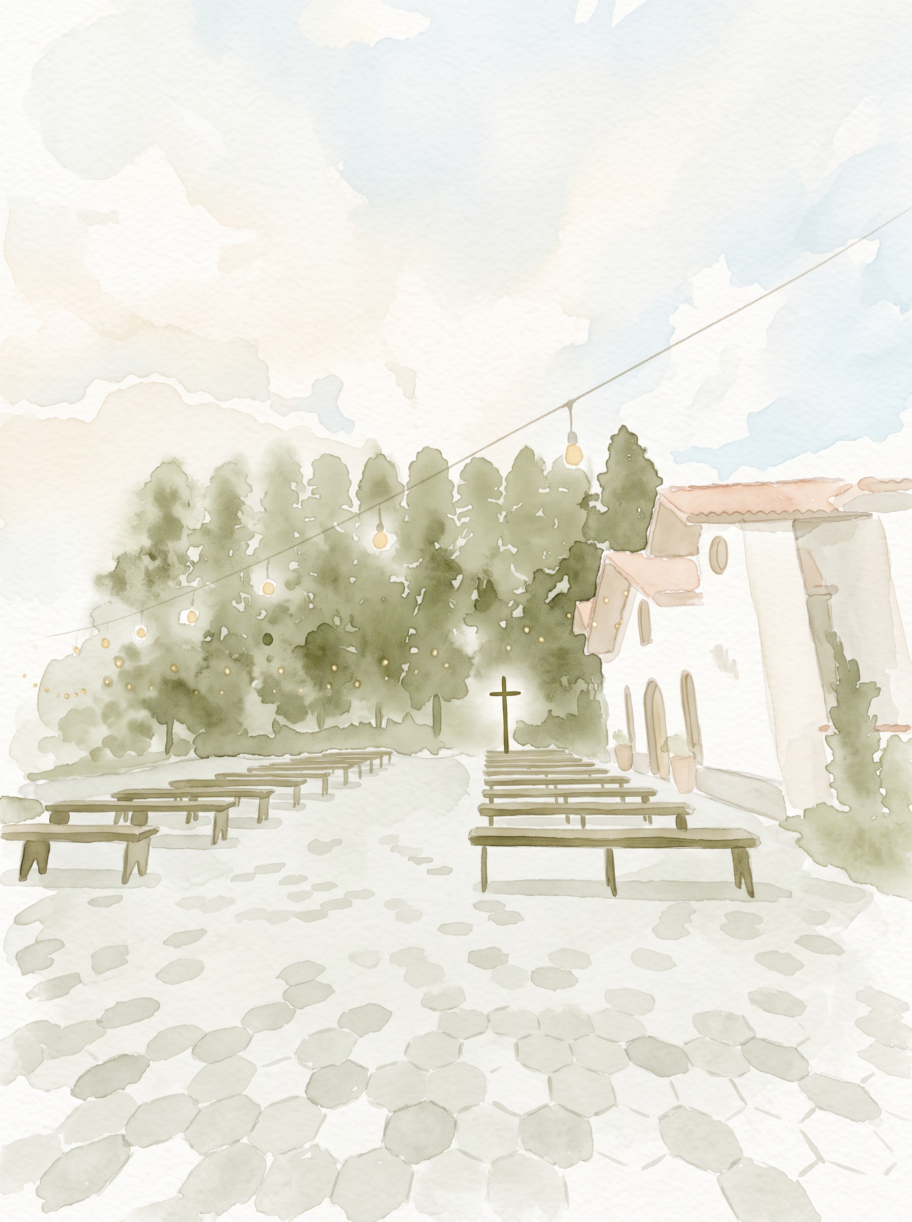 Aquarela da cerimônia ao ar livre no Recanto Ouro Verde