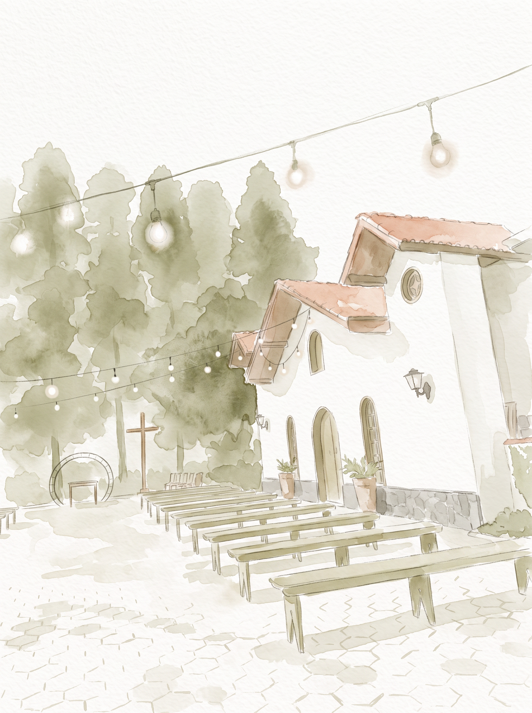 Aquarela da capela branca com telhado de telhas