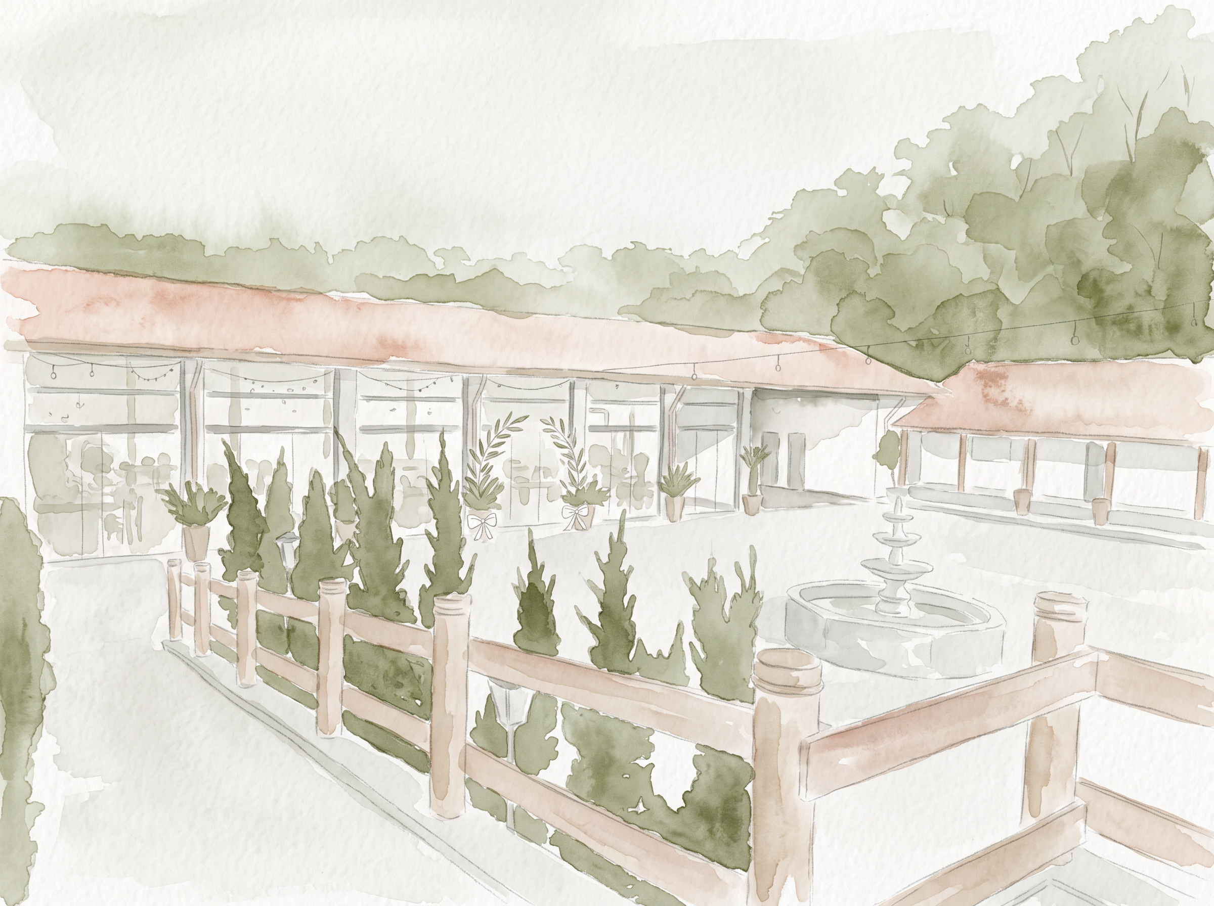 Aquarela do pátio do Recanto Ouro Verde com fonte e ciprestes
